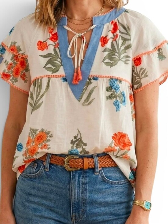 THML Tops - THML X ANTHROPOLOGIE Floral Tie Neck Flutter Sleeve Blouse - XS